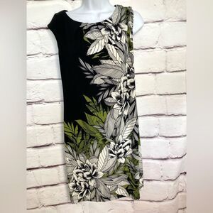 London Times Dress SZ 4 Black White Green Floral Length Sheath Cap Sleeve Summer